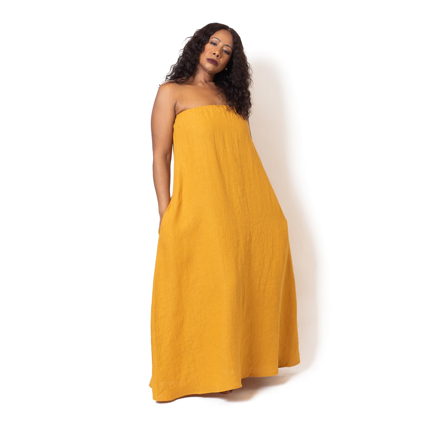 Nancy belted linen off shoulder dress