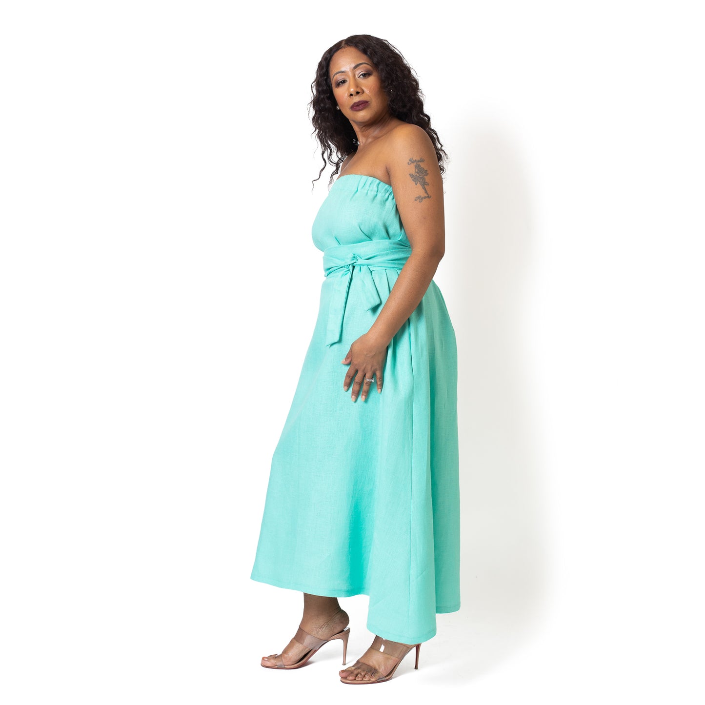 Nancy belted linen off shoulder dress