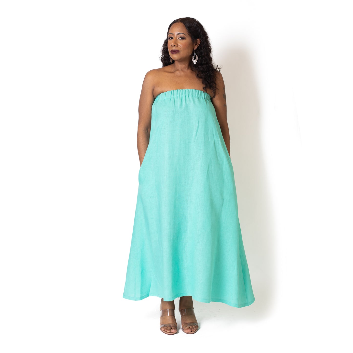 Nancy belted linen off shoulder dress